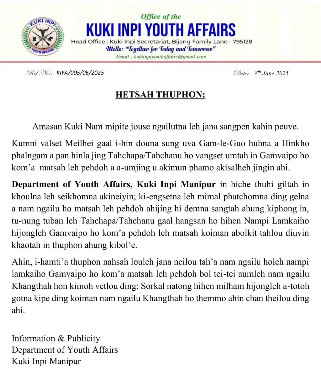Image from KUKI INTERNATIONAL NEWS: *KUKI INPI YOUTH AFFAIRS hon KUKI nam mipi te het dinga thuphon nabol ...