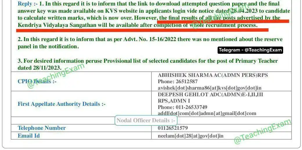 Image from TEACHING EXAM (DSSSB KVS NVS CTET REET HTET EMRS AND ALL OTHER TEACHING EXAM): *KVS RTI REPLY For Interview Marks & Reserve Panel* - https://t.me/for...