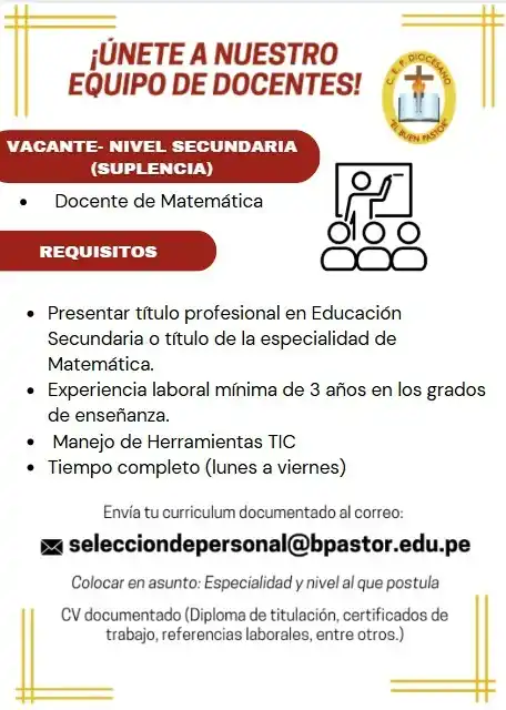 Image from Bolsa de Trabajo - UNMSM: 🎓 ¡Oportunidad laboral! 🎓 🎯 Puesto: Docente de Matemáticas Requis...