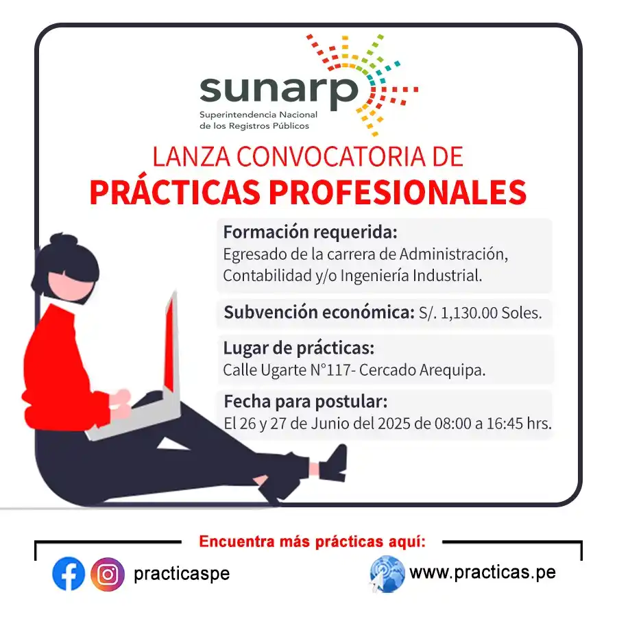 Image from Convocatorias Administración: Empleos - Prácticas - Capacitaciones: 🎯 Prácticas en SUNARP - Arequipa Más información 👉 https://www.pra...