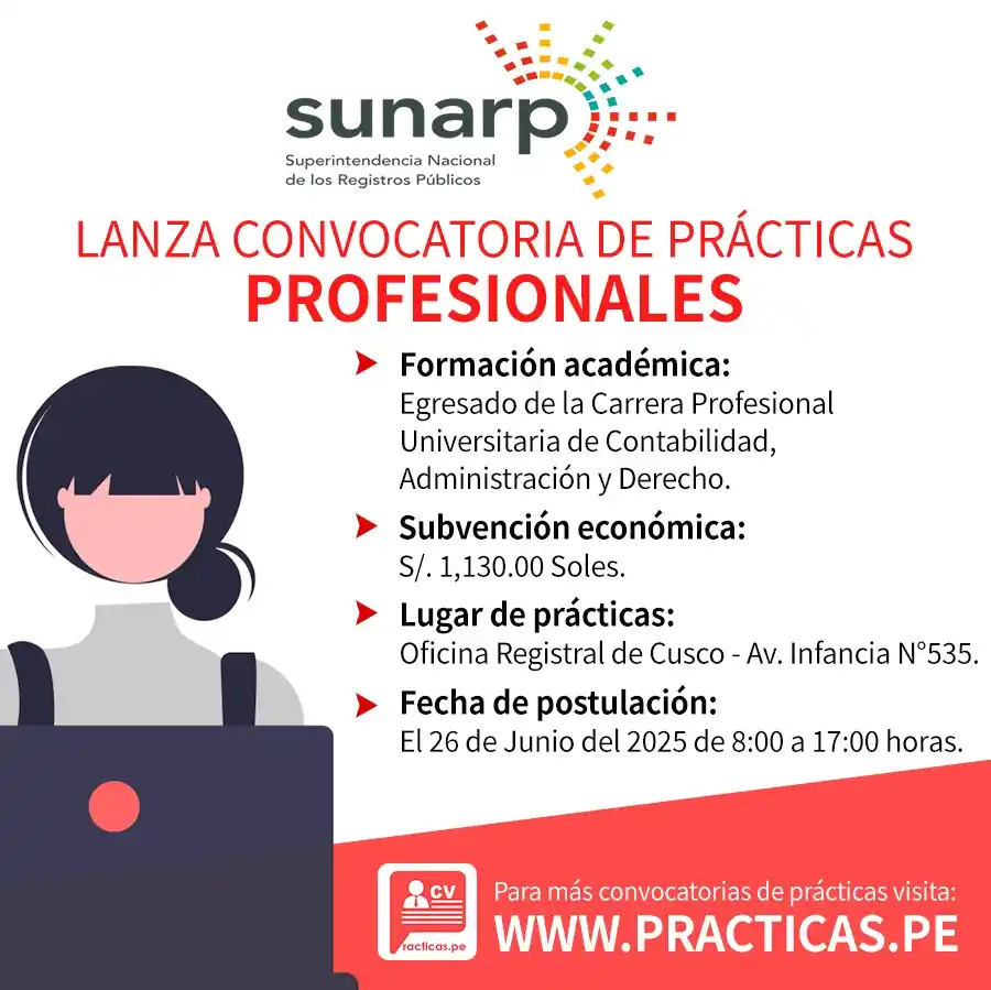 Image from Convocatorias Administración: Empleos - Prácticas - Capacitaciones: 🎯 Prácticas en SUNARP - Cusco  Más información  👉 https://www.practi...