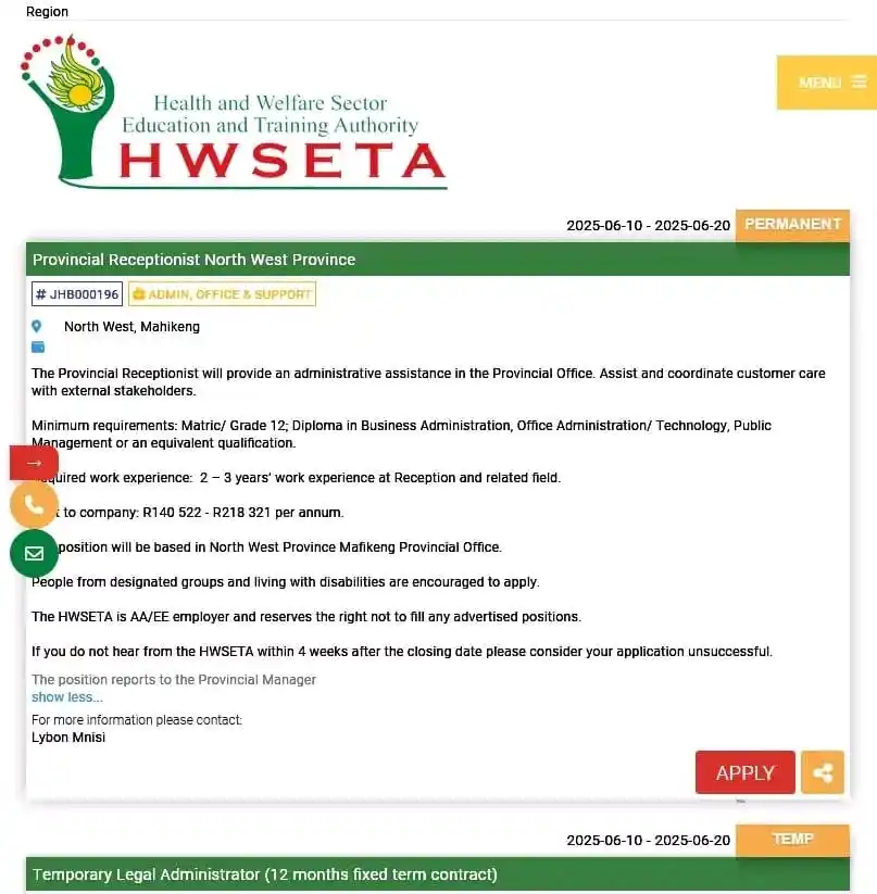Image from Ghost-Lady Internships Channel: Provincial Receptionist Temp Legal Administrator HWSETA Closing D...