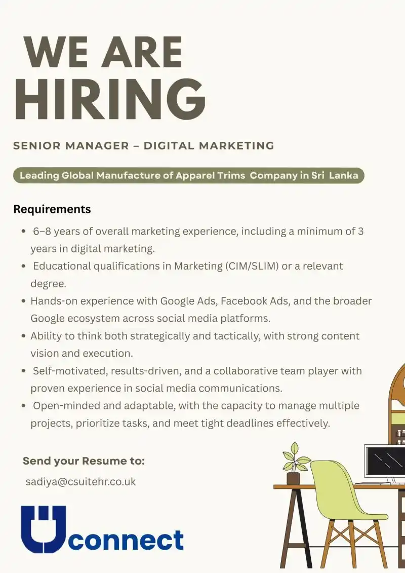 Image from Jobs & Interns: Senior Manager Digital Maraketing for a leading FMCG company in Sri La...