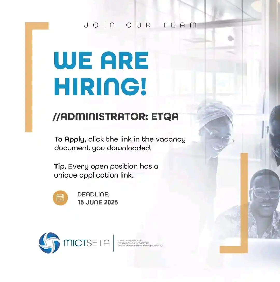 Image from Ghost-Lady Internships Channel: The MICT SETA currently has an open vacancy: ✅ Administrator: ETQA In...