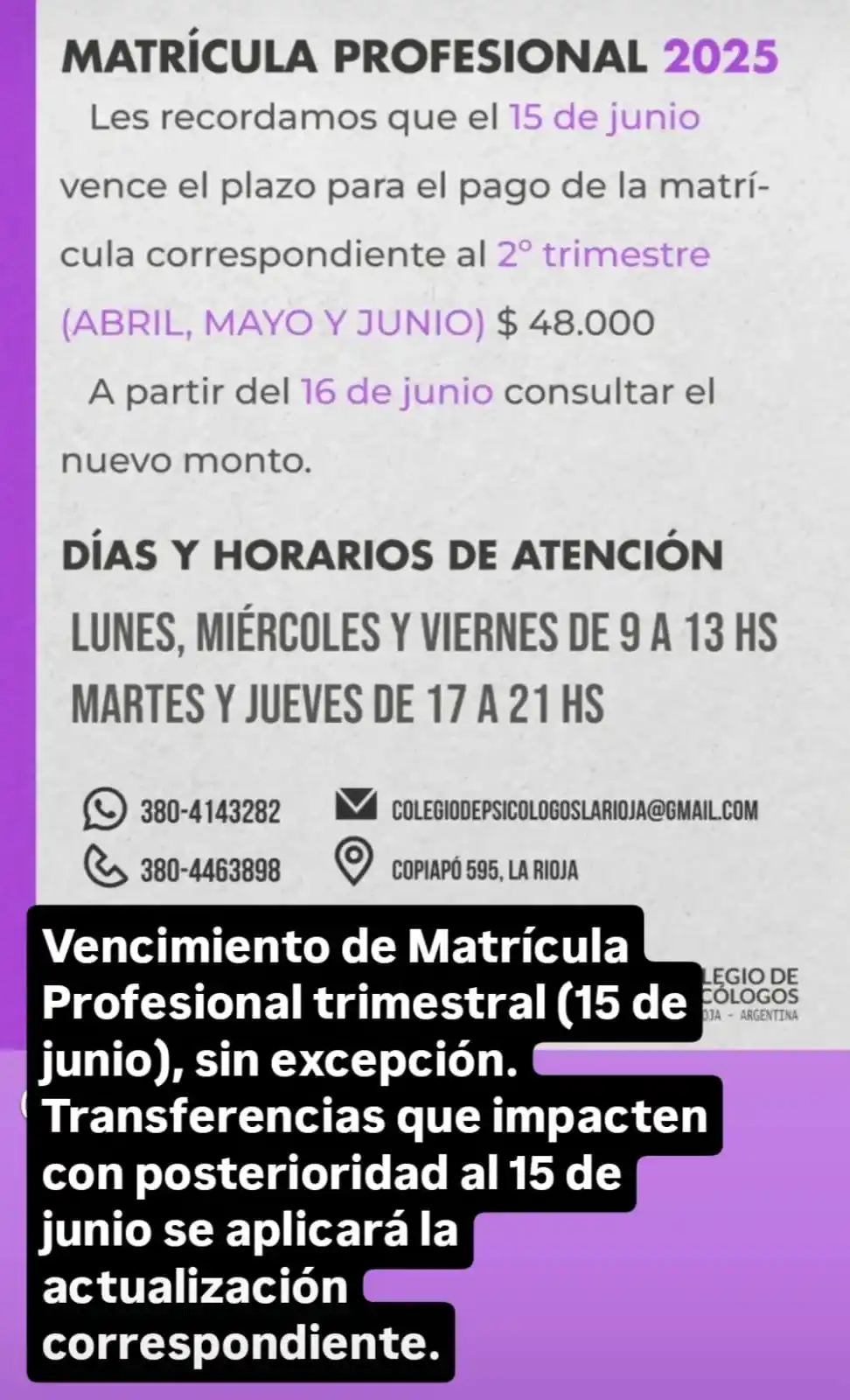 Image from Colegio de Psicólogos de La Rioja: Vencimiento de Matrícula Profesional trimestral (15 de junio) sin exce...