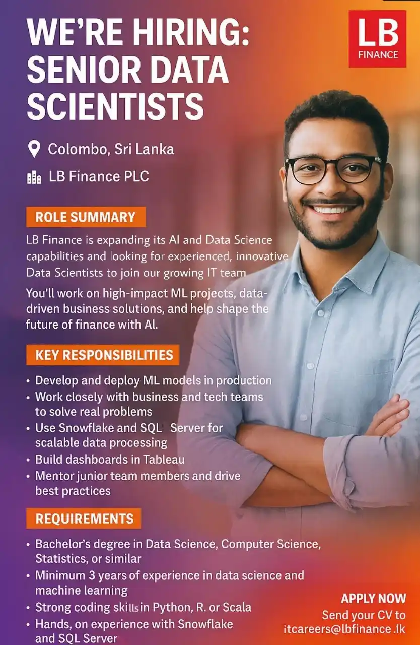 Image from Jobs & Interns: WE’RE HIRING: SENIOR DATA SCIENTISTS 📍 Colombo, Sri Lanka | 🕒 Full-...