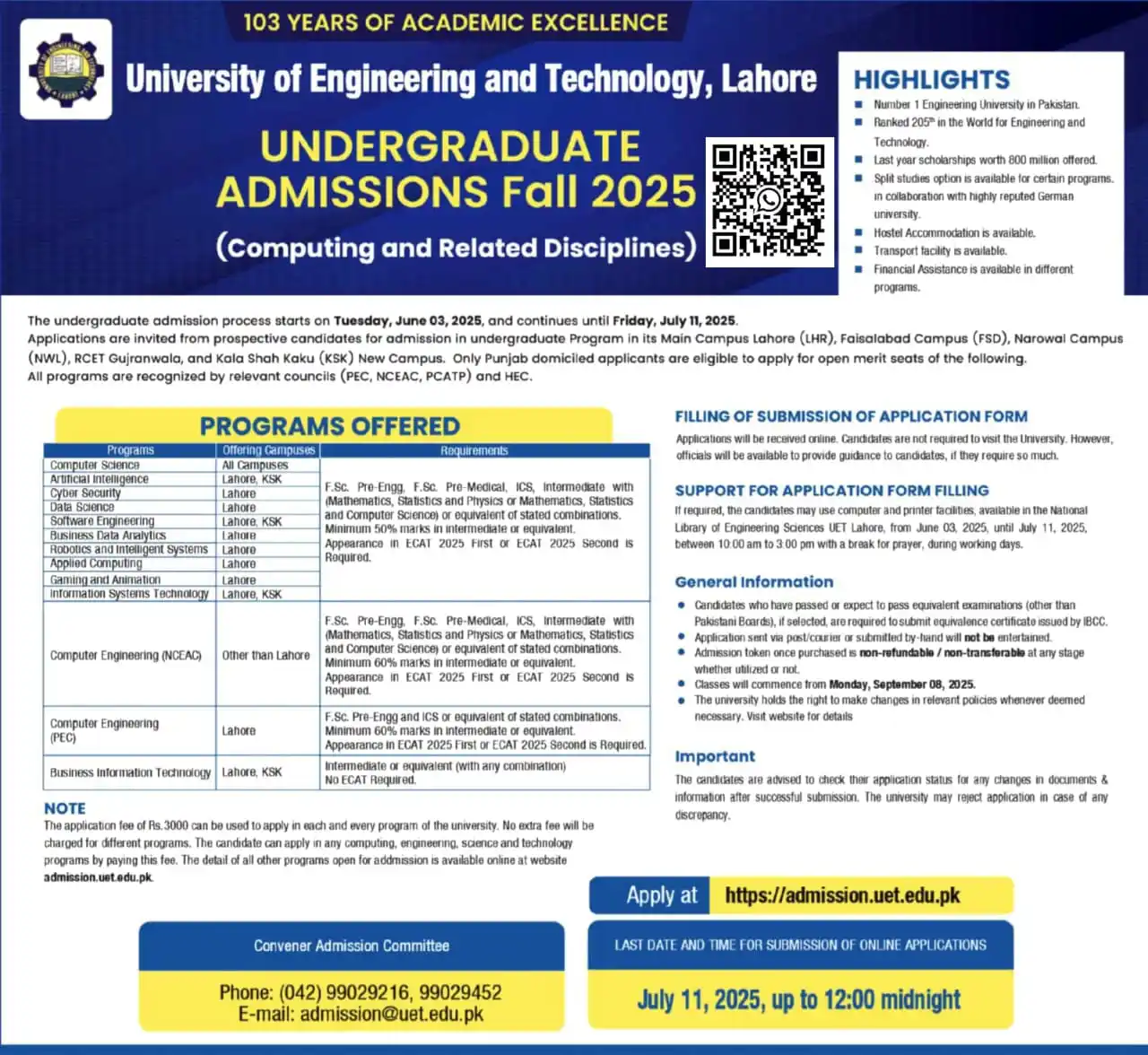 Image from The Career Guide Pakistan | TCG Pakistan: ADMISSIONS *University of Engineering & Technology (UET), Lahore* `La...