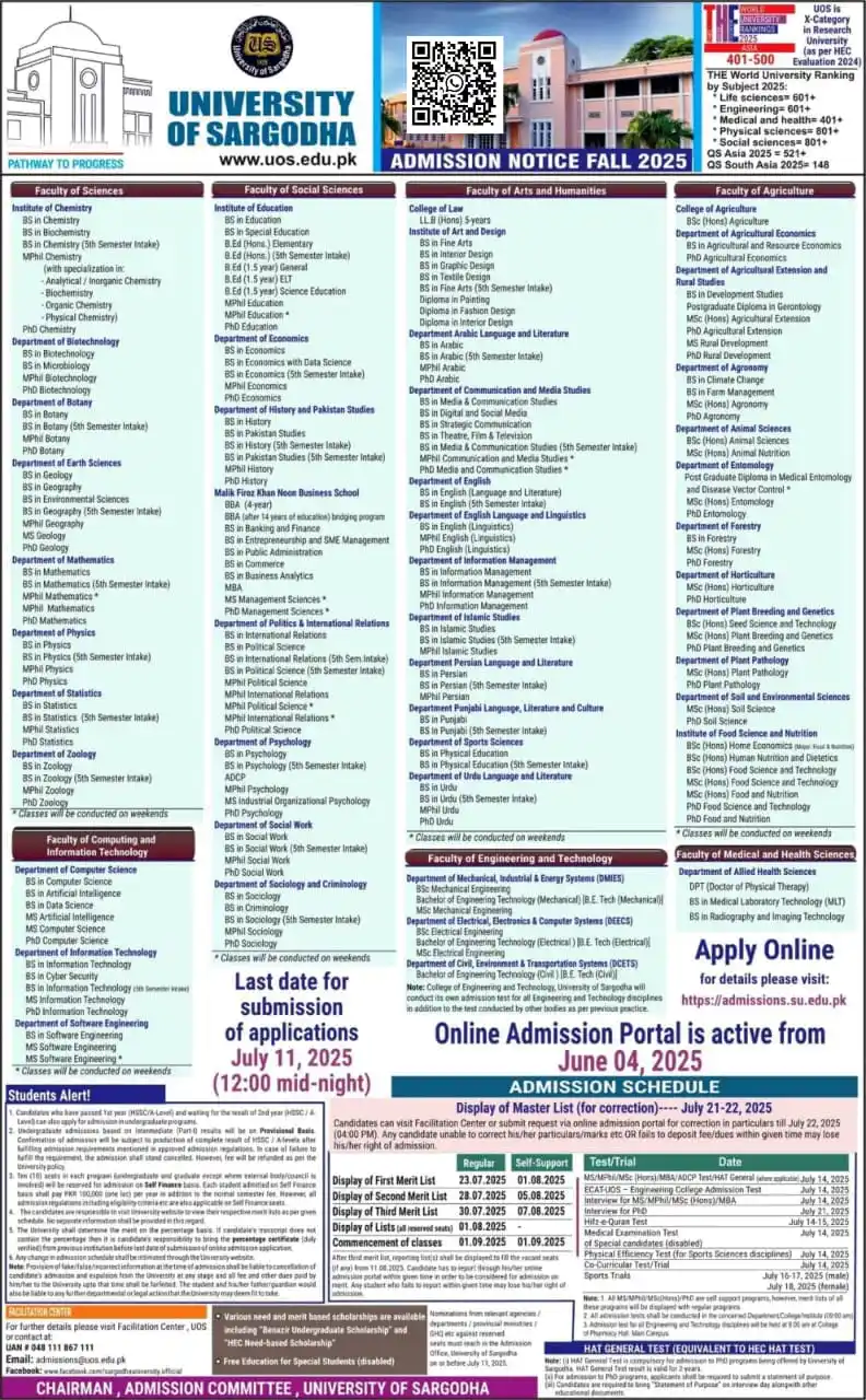 Image from The Career Guide Pakistan | TCG Pakistan: ADMISSIONS University of Sargodha (SU), Sargodha* Admissions Fall 202...