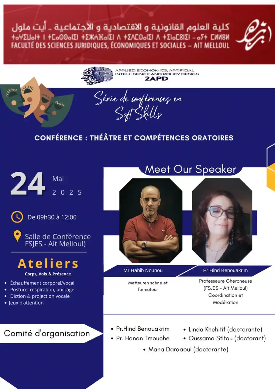Image from ممثل طلبة سلك الماستر بكلية العلوم القانونية والإقتصادية والإجتماعية - أيت ملول: *🔴 Conférence inspirante sur le thème :* *"Théâtre et Compétences Ora...
