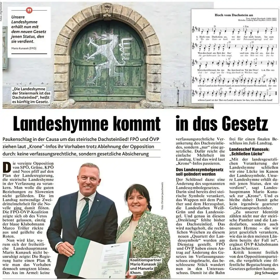 Image from Mario Kunasek: „Die Landeshymne der Steiermark ist das Dachsteinlied". So heißt es in...