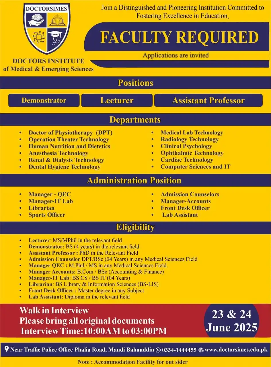 Image from NURSING INFO (MEDDEMY): Faculty Required at Doctors Institute of Medical & Emerging Sciences P...
