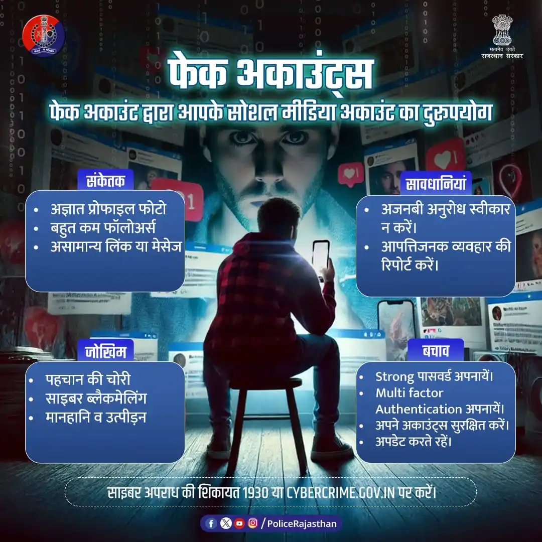 Image from Rajasthan Police: फर्जी सोशल मीडिया अकाउंट्स से सावधान रहें। बोगस प्रोफाइल तैयार कर अथव...