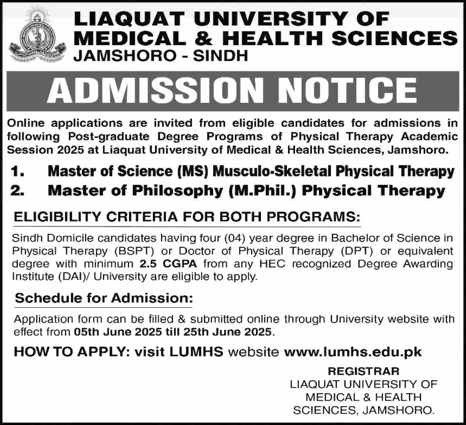 Image from The Career Guide Pakistan | TCG Pakistan: *Liaquat University of Medical & Health Sciences (LUMHS), Jamshoro* MS...