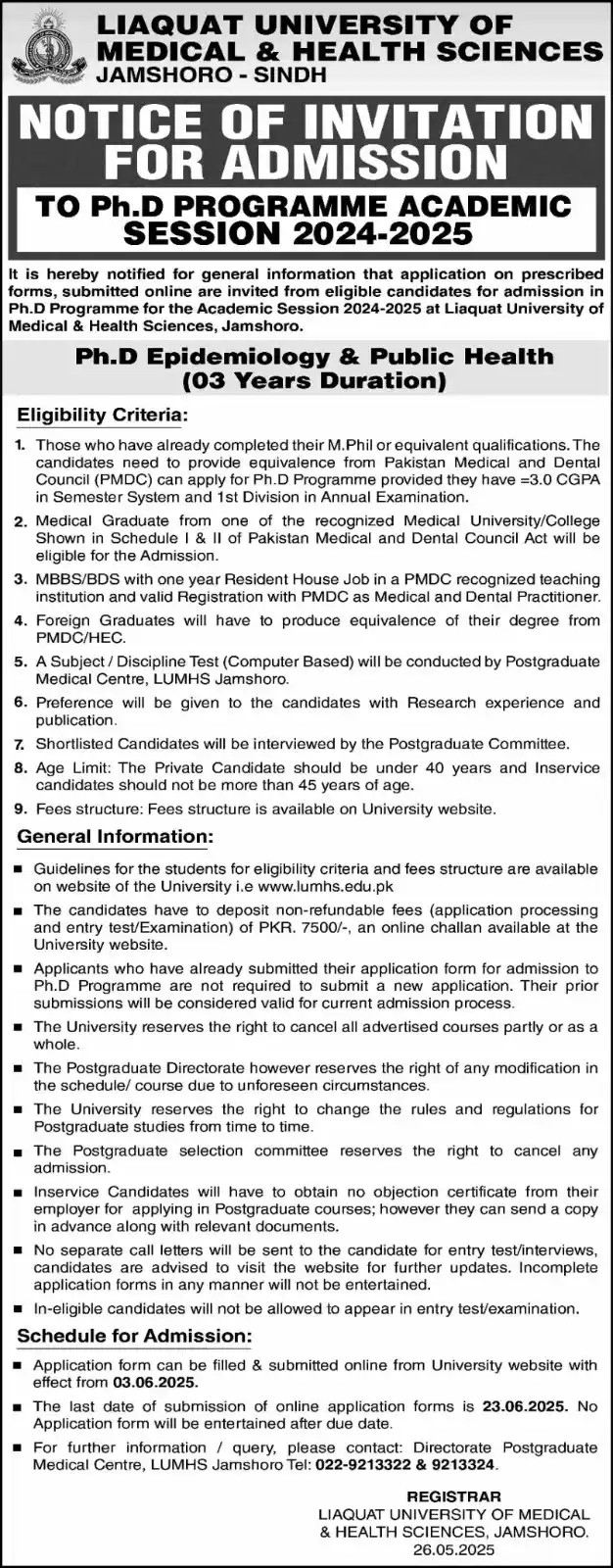 Image from The Career Guide Pakistan | TCG Pakistan: *Liaquat University of Medical & Health Sciences (LUMHS), Jamshoro* Ph...