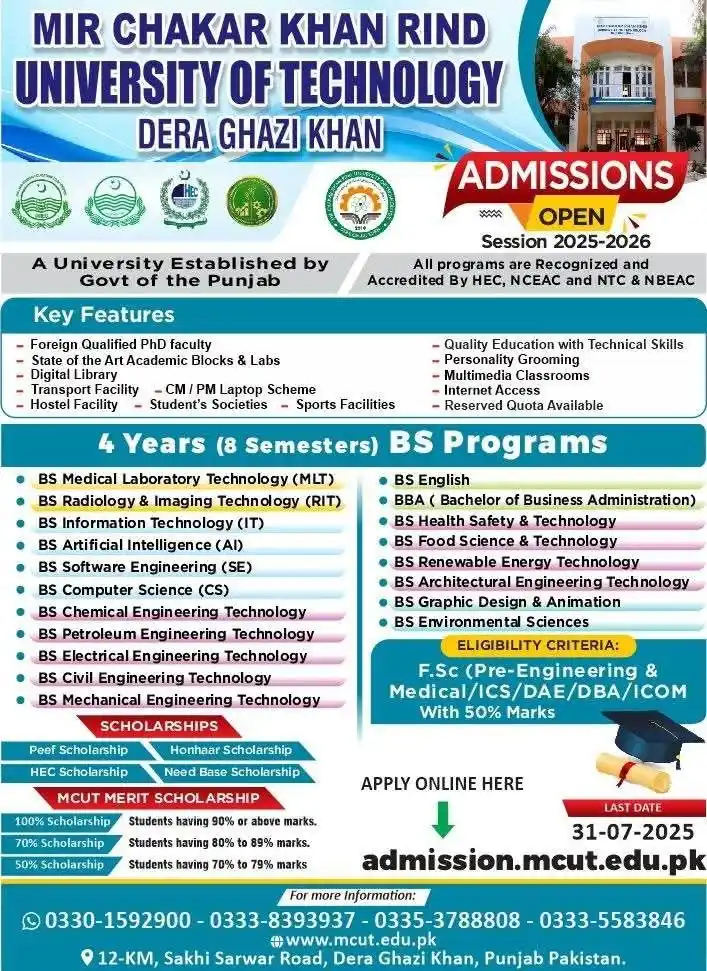 Image from The Career Guide Pakistan | TCG Pakistan: *Mir Chakar Khan Rind University of Technology, Dera Ghazi Khan* Admis...