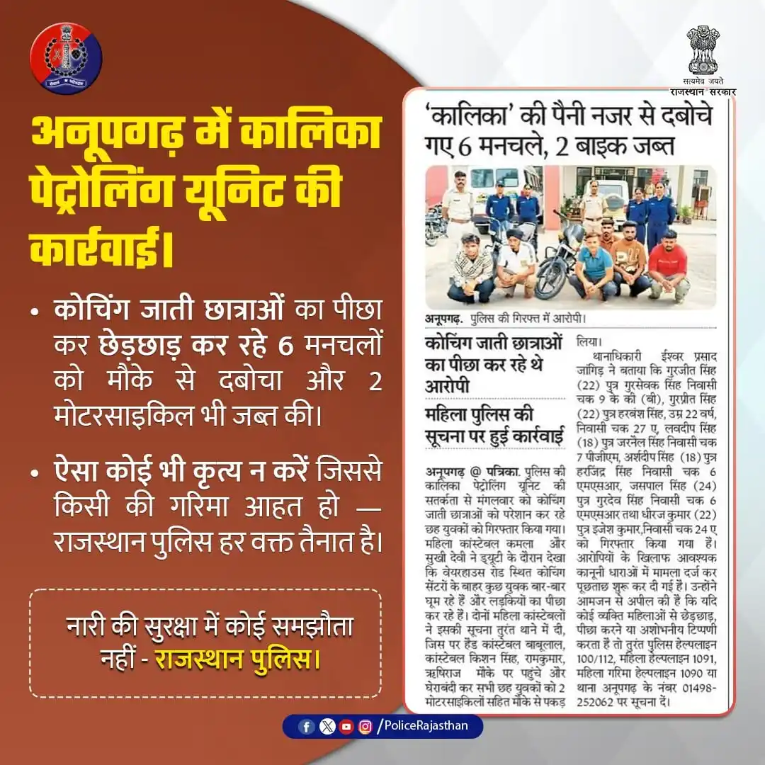 Image from Rajasthan Police: नारी सुरक्षा से कोई समझोता नहीं होगा। अनूपगढ़ में कालिका पेट्रोलिंग ...