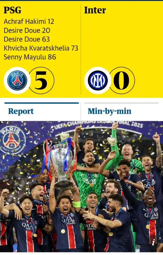 Image from 𝗣𝗿𝗲𝗺𝗶𝗲𝗿 𝗟𝗲𝗮𝗴𝘂𝗲 Fans: *PSG win Champions League for first time with record 5-0 final hammeri...