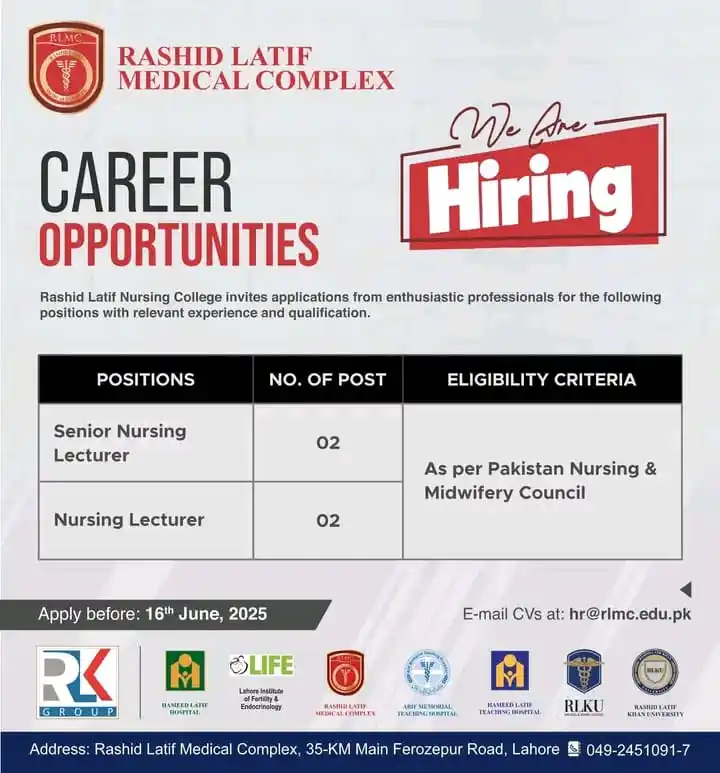 Image from NURSING INFO (MEDDEMY): *Rashid Latif Medical Complex Job Opening*  - *Positions:*     1. *Sen...