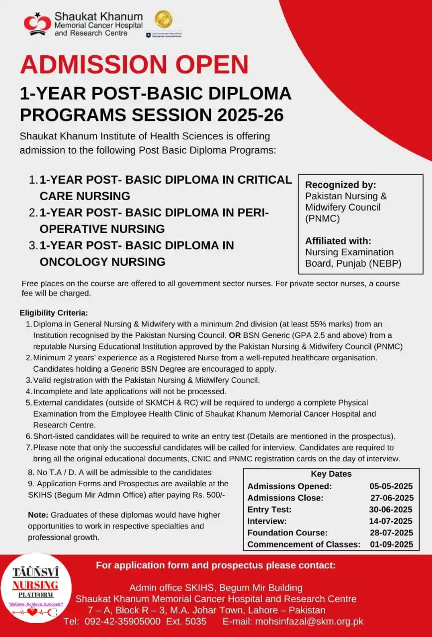 Image from NURSING INFO (MEDDEMY): *🔴Shaukat Khanum Institute of Health Sciences is offering admission t...