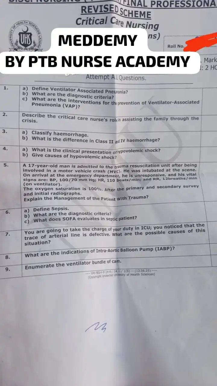 Image from NURSING INFO (MEDDEMY): *UHS Final Paper* Class: *BSN Final Year* Subject: *Critical Care Nu...