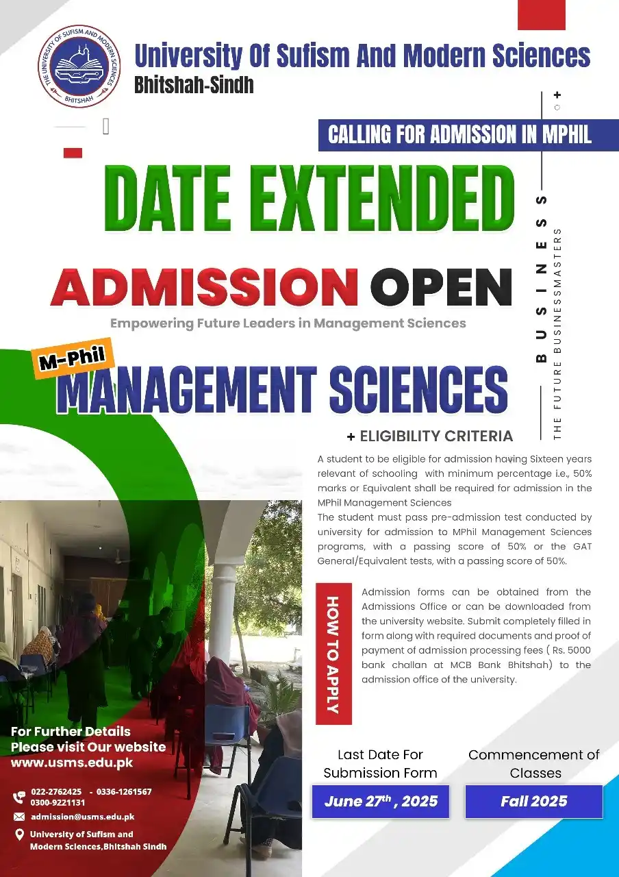 Image from The Career Guide Pakistan | TCG Pakistan: *University of Sufism & Modern Sciences, Bhitshah* MPhil Management Sc...