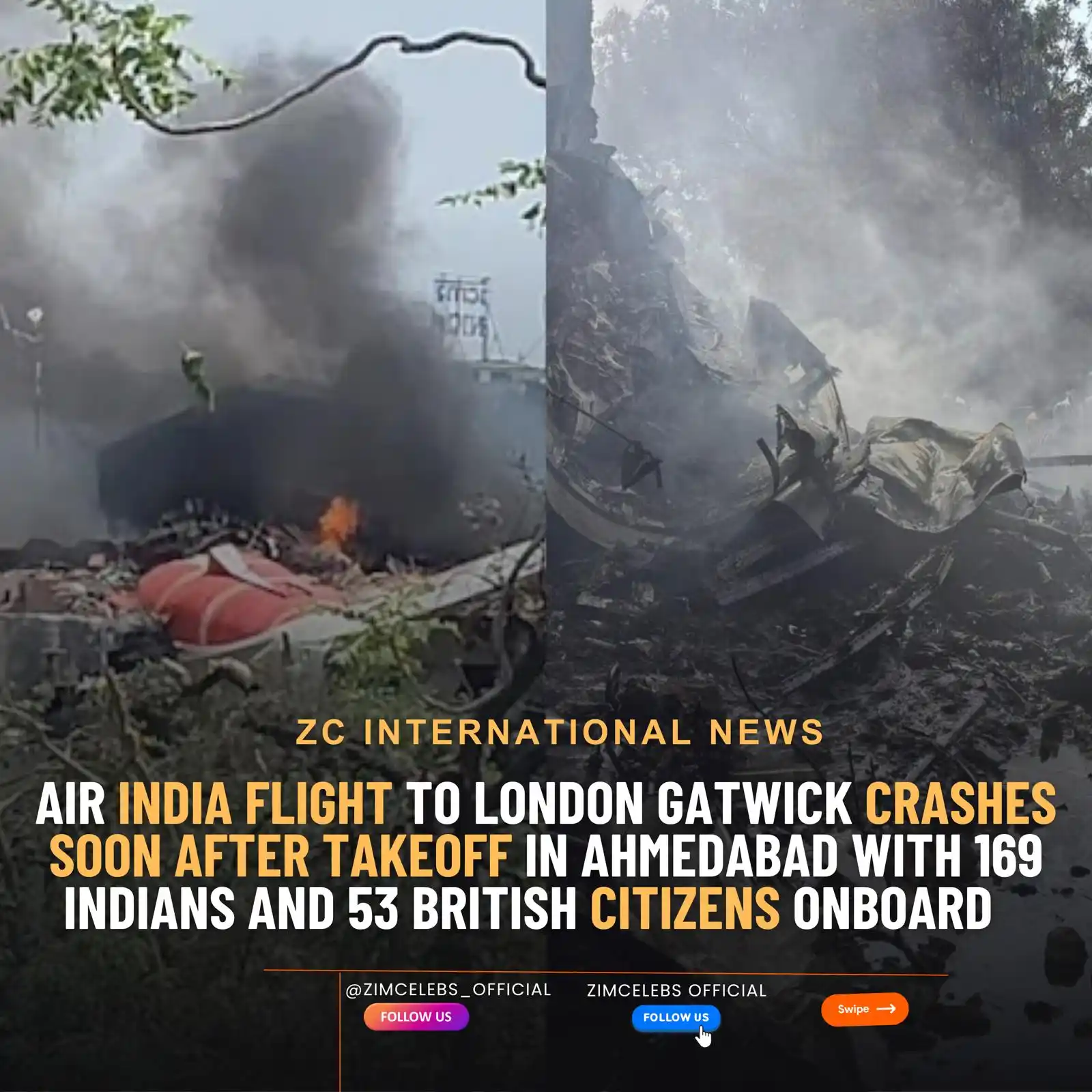 Image from Zimcelebs Official 1: An Air India plane carrying over 240 people has crashed into a residen...
