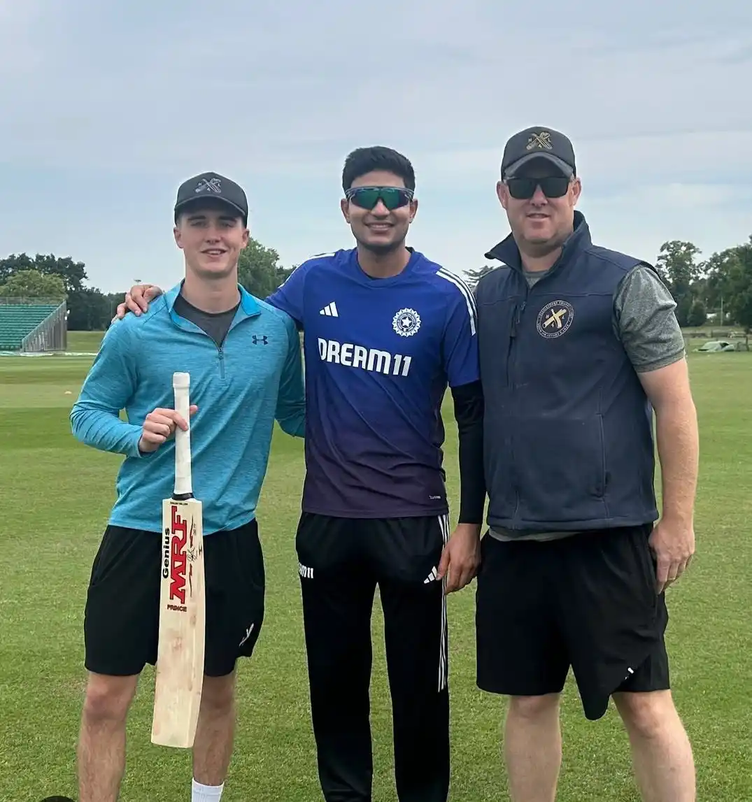 Image from Cricadium🏏: Captain Shubman Gill with fans and he gives his bat to them in England...
