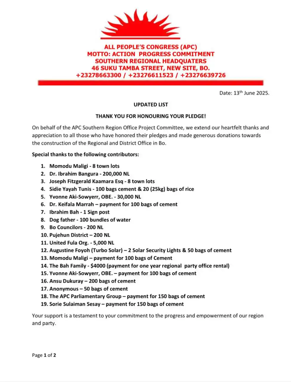Image from PROF. IBRAHIM BANGURA FOR APC FLAGBEARERSHIP: *Date: 13th June 2025.* *UPDATED LIST* *THANK YOU FOR HONOURING YOUR...
