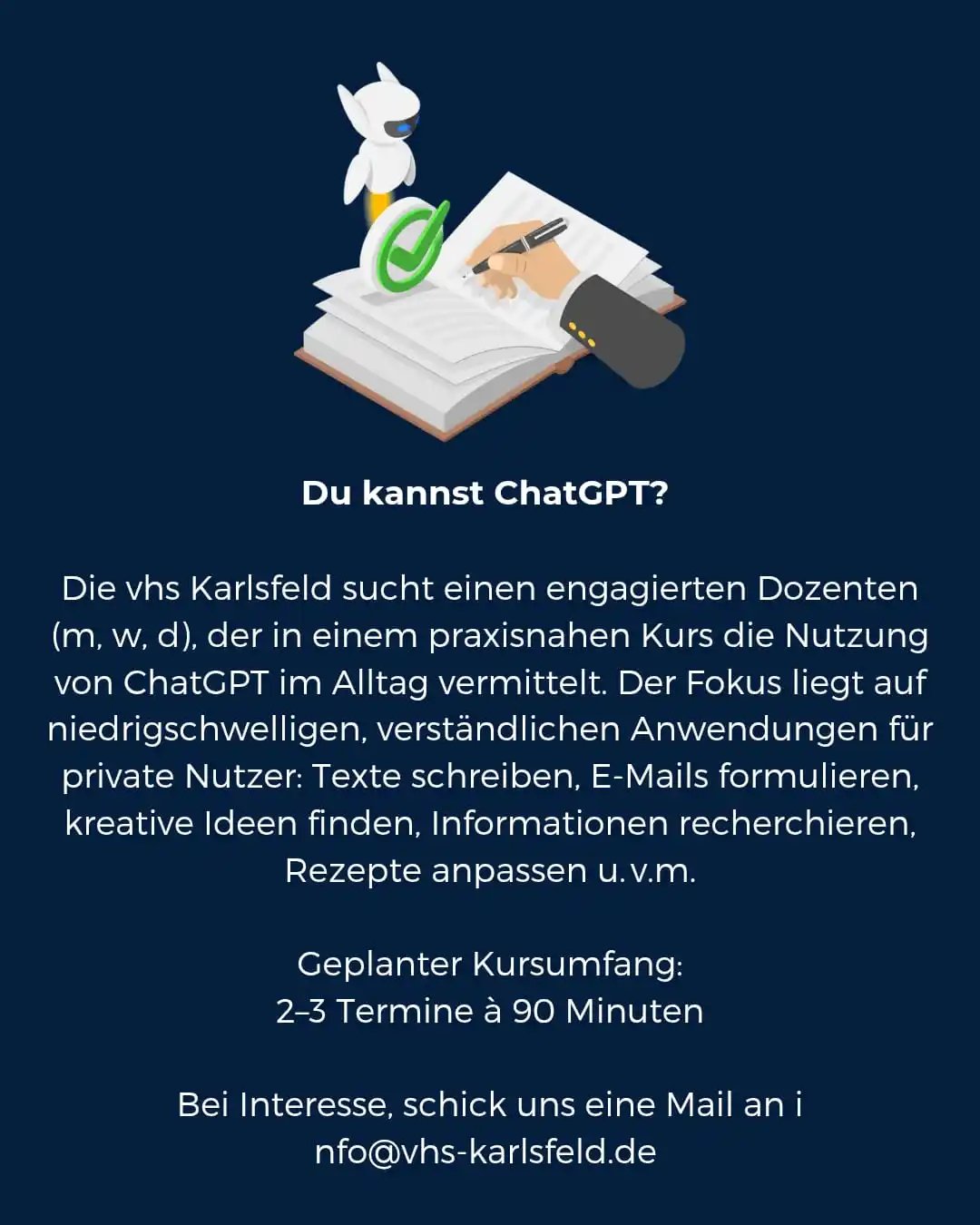 Image from Mein Karlsfeld / vhs Karlsfeld: Die vhs Karlsfeld sucht: Dozent (m/w/d) für ChatGPT-Kurs gesucht Eins...