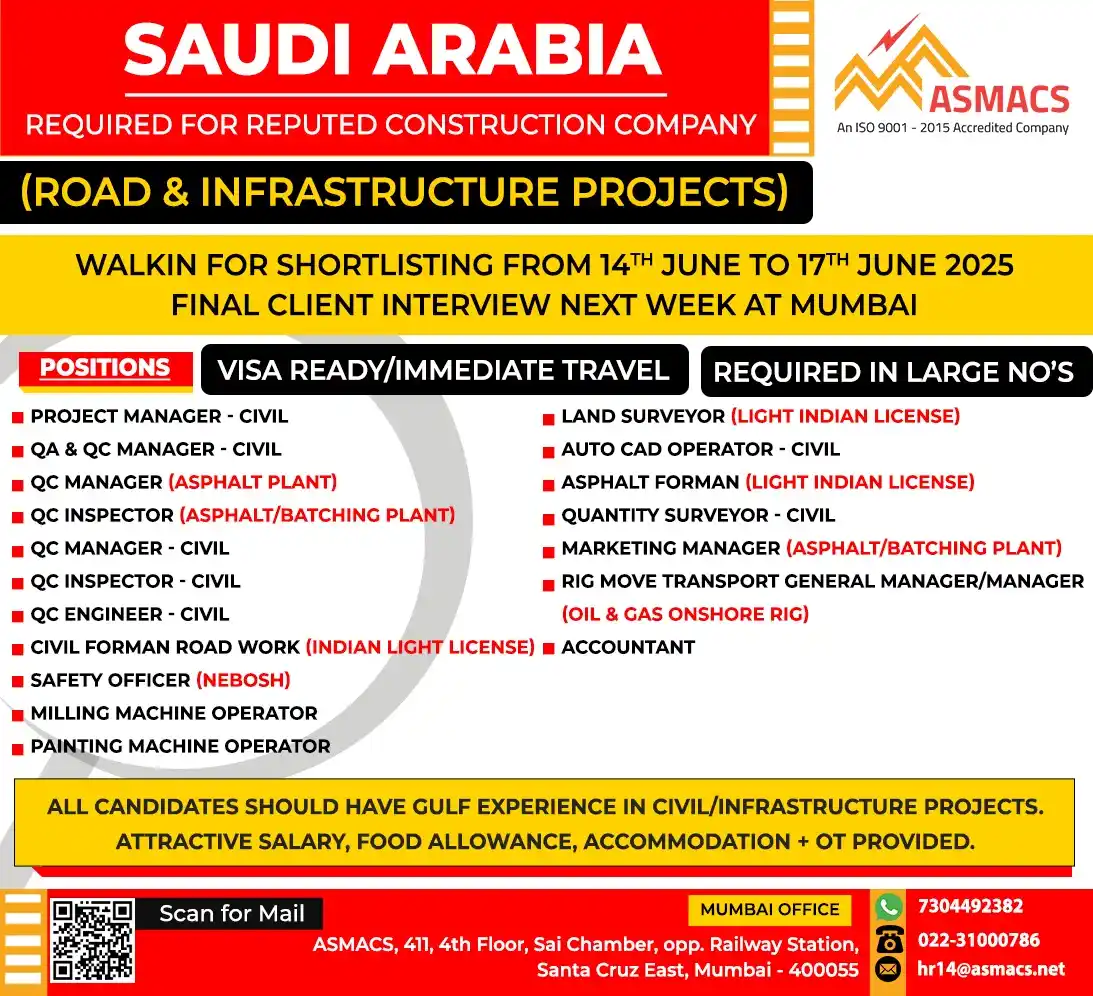 Image from Asmacs Jobs: 🌟Exciting SAUDI ARABIA Opportunities! 🌟 ⚡ Shortlisting in Progress...