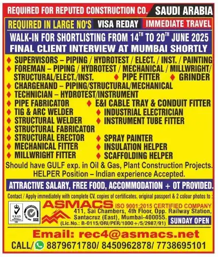 Image from Asmacs Jobs: 🌟Exciting SAUDI ARABIA Opportunities! 🌟 ⚡ Shortlisting in Progres...
