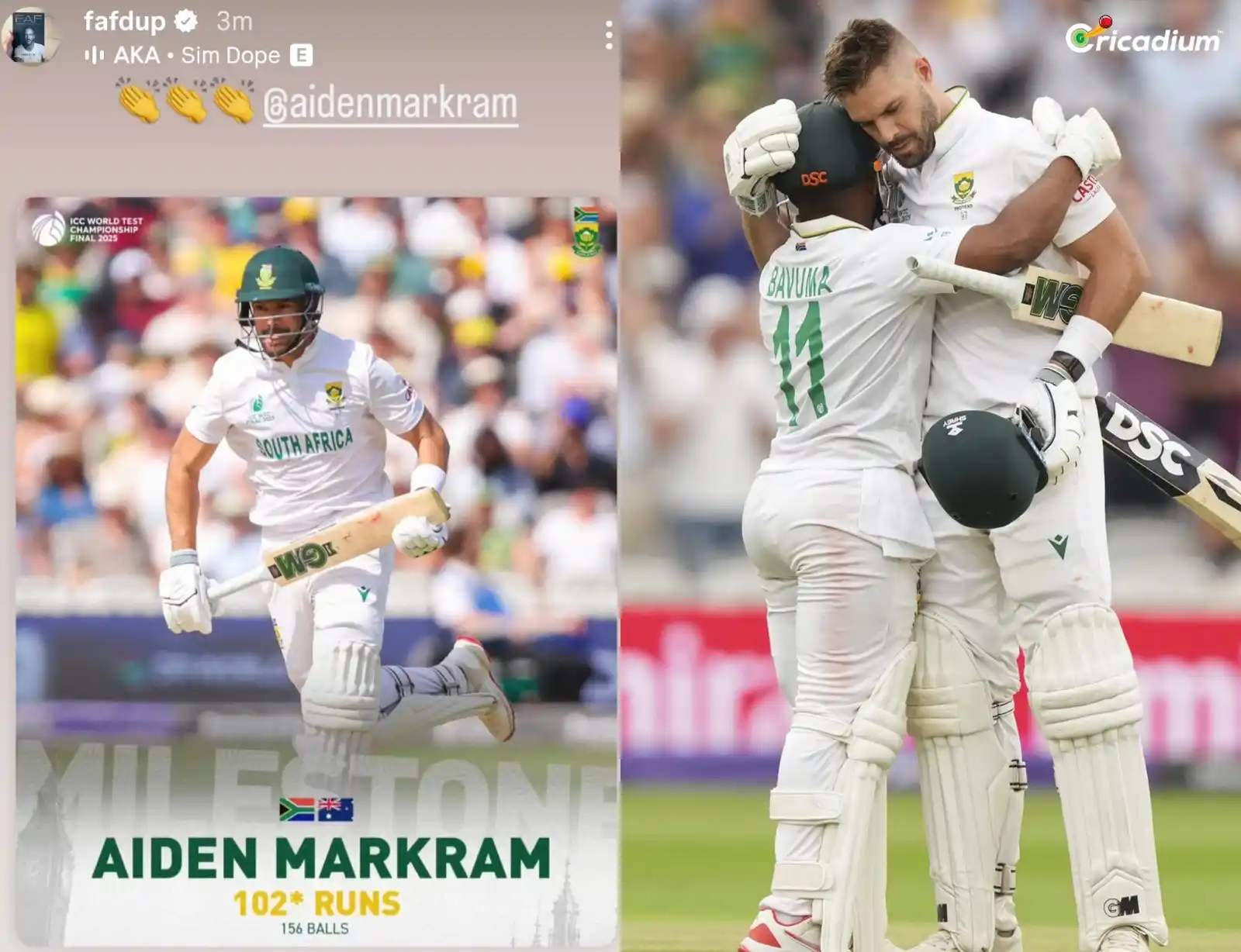 Image from Cricadium🏏: Faf Du Plessis' Instagram story for Aiden Markram. <a class="text-bl...