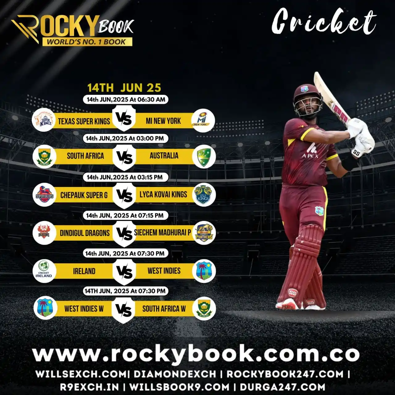 Image from ROCKY BOOK: Get Ready for a Full Day of Cricket Action! 🏏🔥 Today's Fixtures: Do...