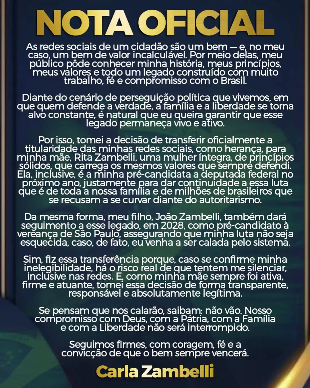 Image from Carla Zambelli: ⚠️ NOTA OFICIAL DA DEPUTADA CARLA ZAMBELLI: "As redes sociais de um c...