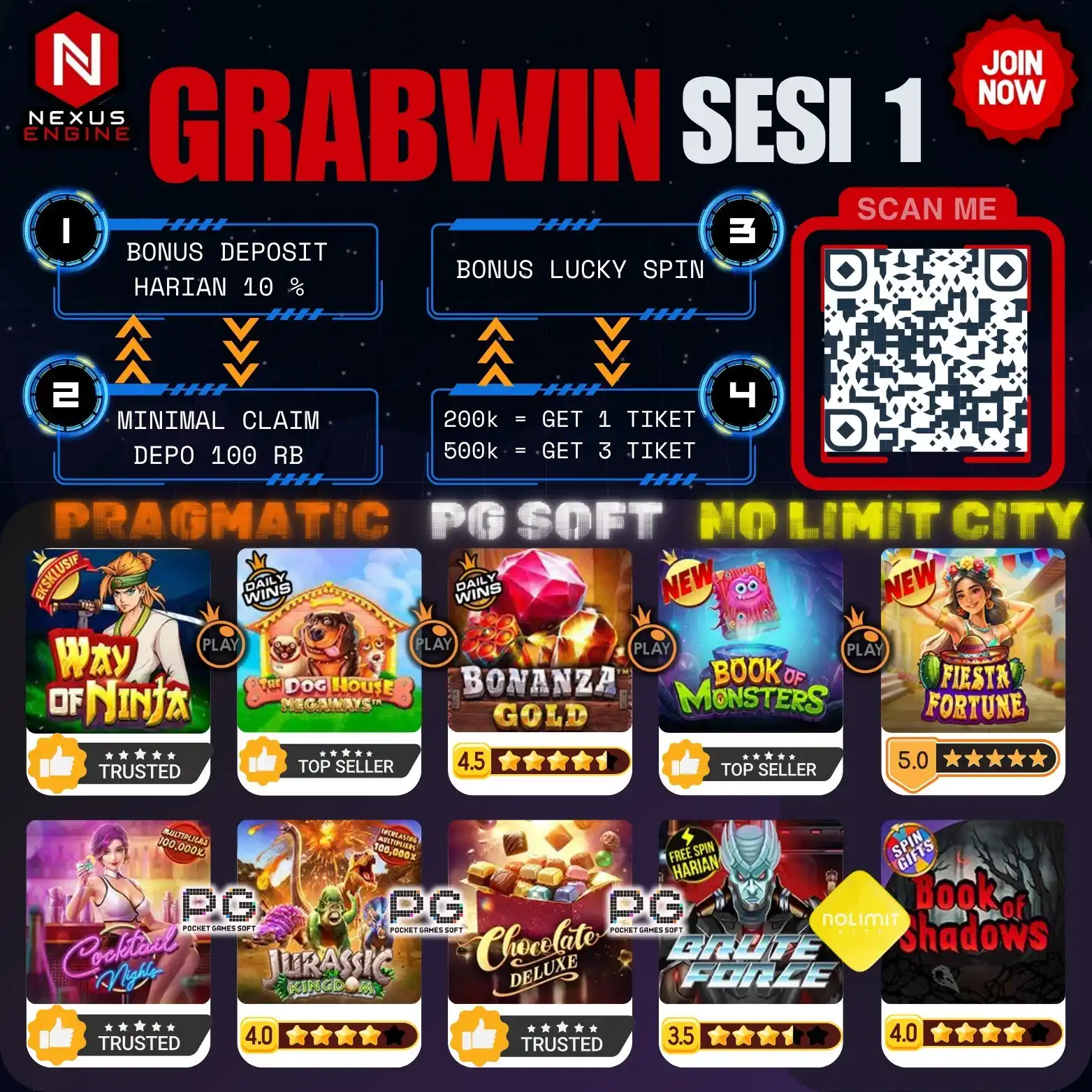 Image from GRABWIN OFFICIAL: 🔞POLA GAME SESI 1🔞 📆13 JUNI 2025 📆 🕐13:00 - 17:00 WIB🕕 💰BONUS D...