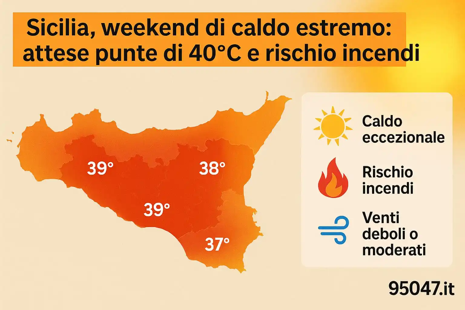 Image from 95047.it: Sicilia, weekend di caldo estremo: attese punte di 40°C e rischio ince...