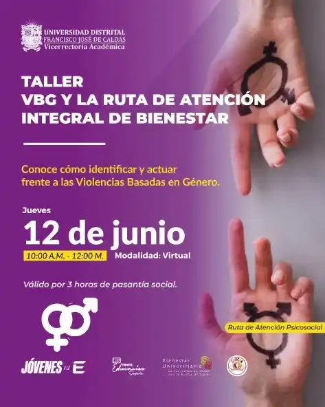 Image from Universidad Distrital Francisco José De Caldas: 💜 *Taller virtual VBG y la Ruta de Atención Integral de Bienestar.* ...