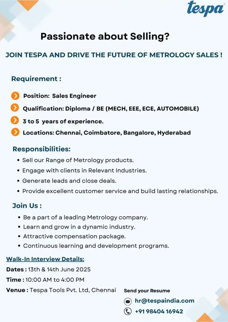 Image from Coimbatore Jobs & Careers: 🔧 We’re Hiring: Sales & Service Engineers 📍 Chennai | Coimbatore |...