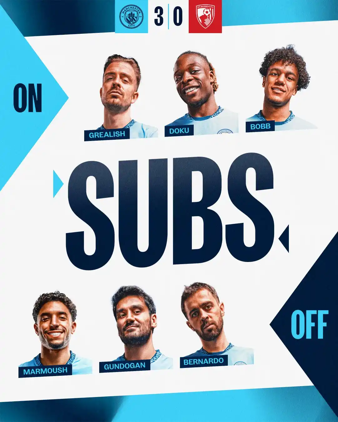 Image from Man City Português : 90' CITY TROCA ⬆️ Bobb, Doku e Grealish ⬇️ Bernardo, Gundogan e Marm...