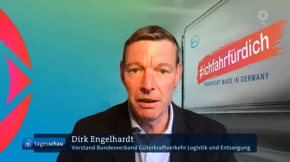 Image from BGL Bundesverband Güterkraftverkehr Logistik und Entsorgung: BGL in der 20 Uhr-Tagesschau vom 24.05.2025 zum Thema E-Lkw: Ab 07:48 ...