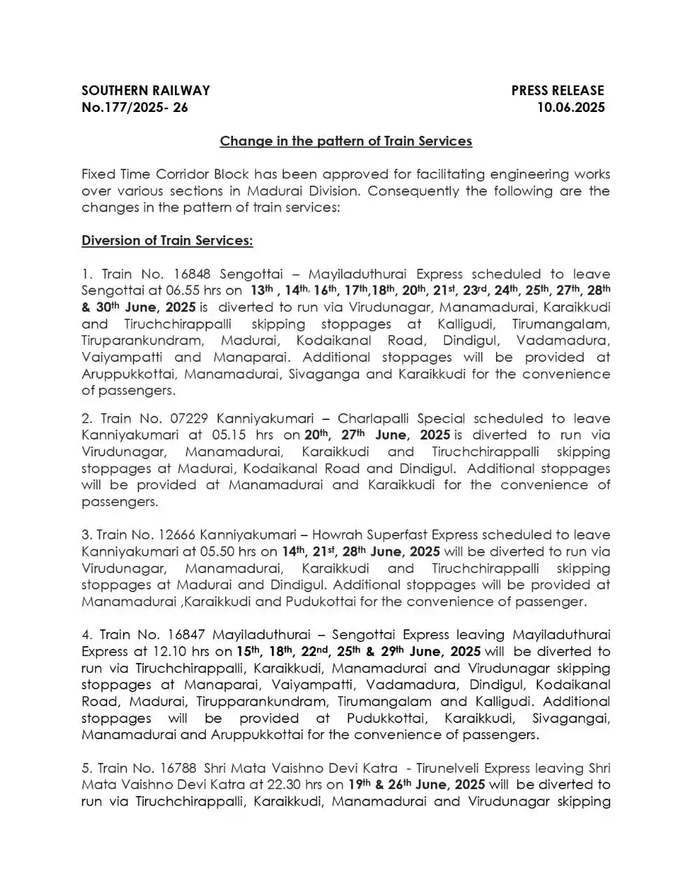 Image from Southern Railway Official: Change in the pattern of Train Services due to Fixed Time Corridor Blo...