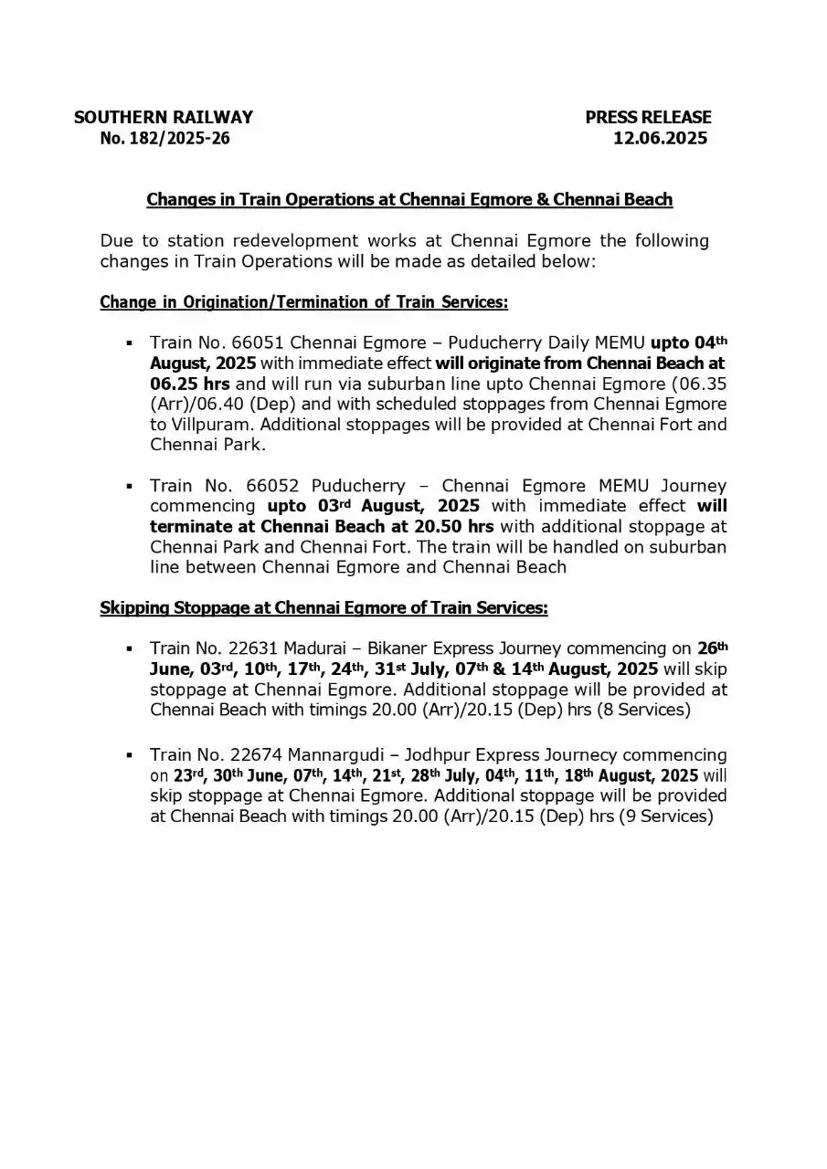 Image from Southern Railway Official: Changes in Train Operations at Chennai Egmore & Chennai Beach Due to s...