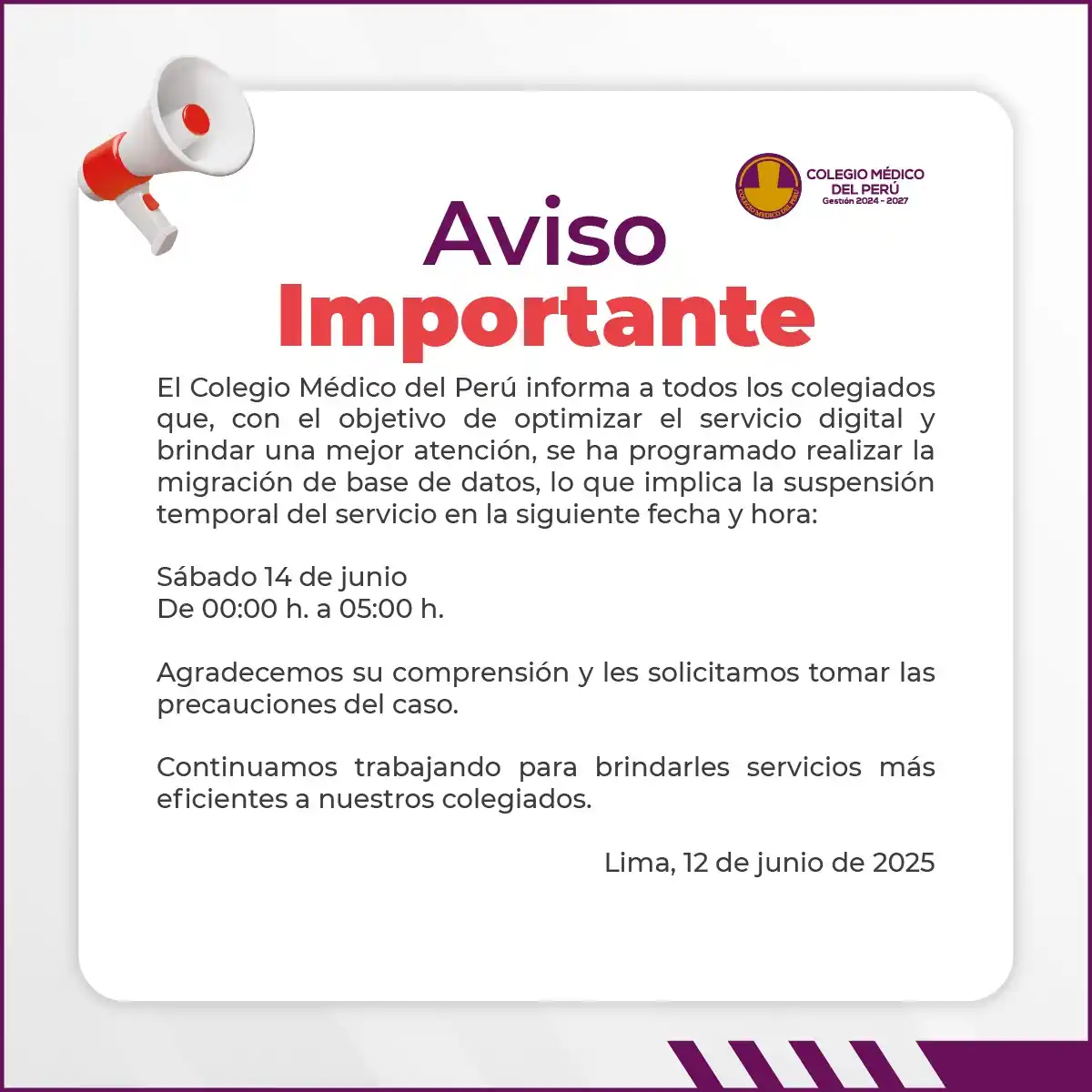 Image from Colegio Médico del Perú: 🔴COMUNICADO l El Colegio Médico del Perú informa a todos sus colegiad...