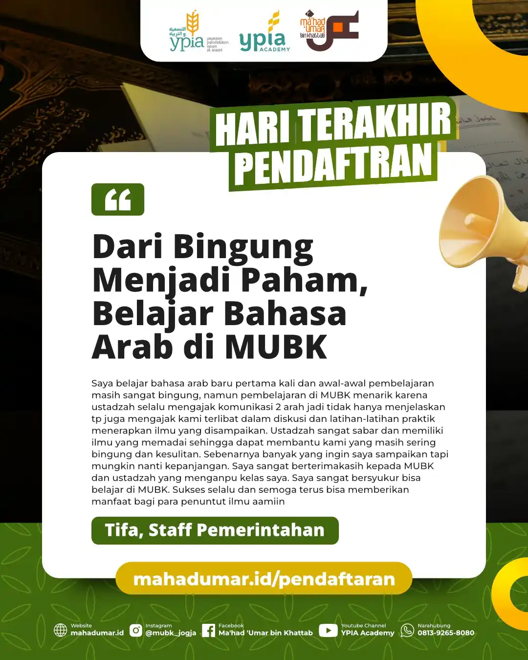 Image from YPIA Academy: *DARI BINGUNG MENJADI PAHAM, BELAJAR BAHASA ARAB DI MUBK* `[ Testimon...