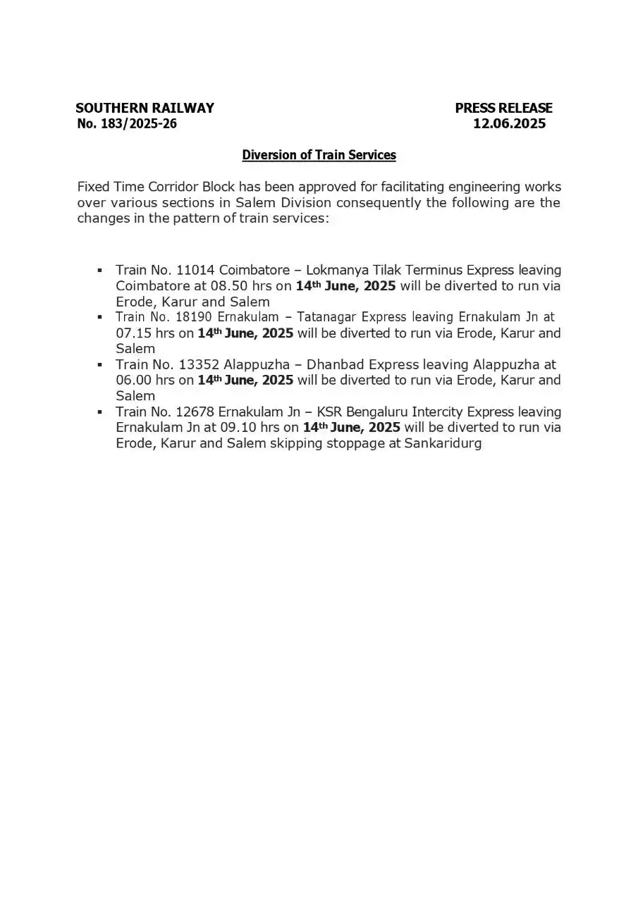 Image from Southern Railway Official: Diversion of Train Services  due to Fixed Time Corridor Block has been...