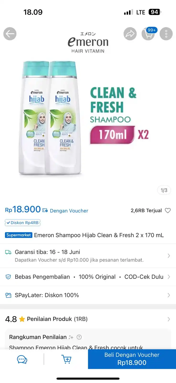Image from INFO PROMO RACUN SHOPEE CUAN: Emeron Shampoo Hijab Clean & Fresh 2 x 170 mL seharga Rp18.900. Dapatk...