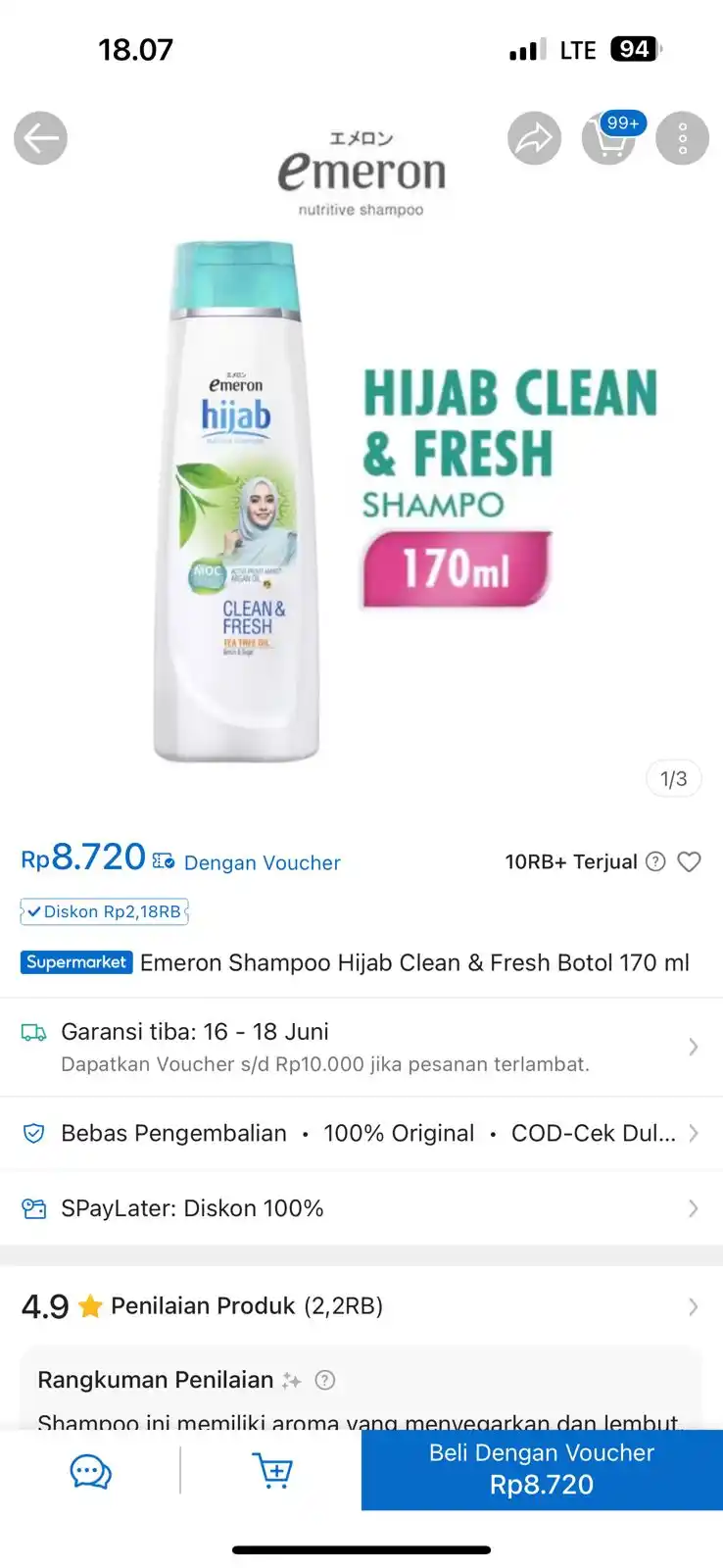 Image from INFO PROMO RACUN SHOPEE CUAN: Emeron Shampoo Hijab Clean & Fresh Botol 170 ml seharga Rp8.720. Dapat...