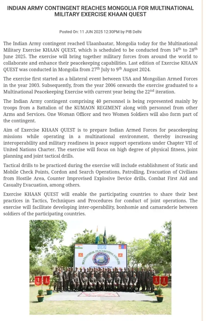 Image from UPSC PIB NEWS UPSC BPSC MPPSC UPPSC CAPF CDS NDA Current Affairs UPSC UPSC UPSC UPSC UPSC UPSC UPSC™: Exercise Khaan Quest: ✅It is a multinational military e The exercise w...