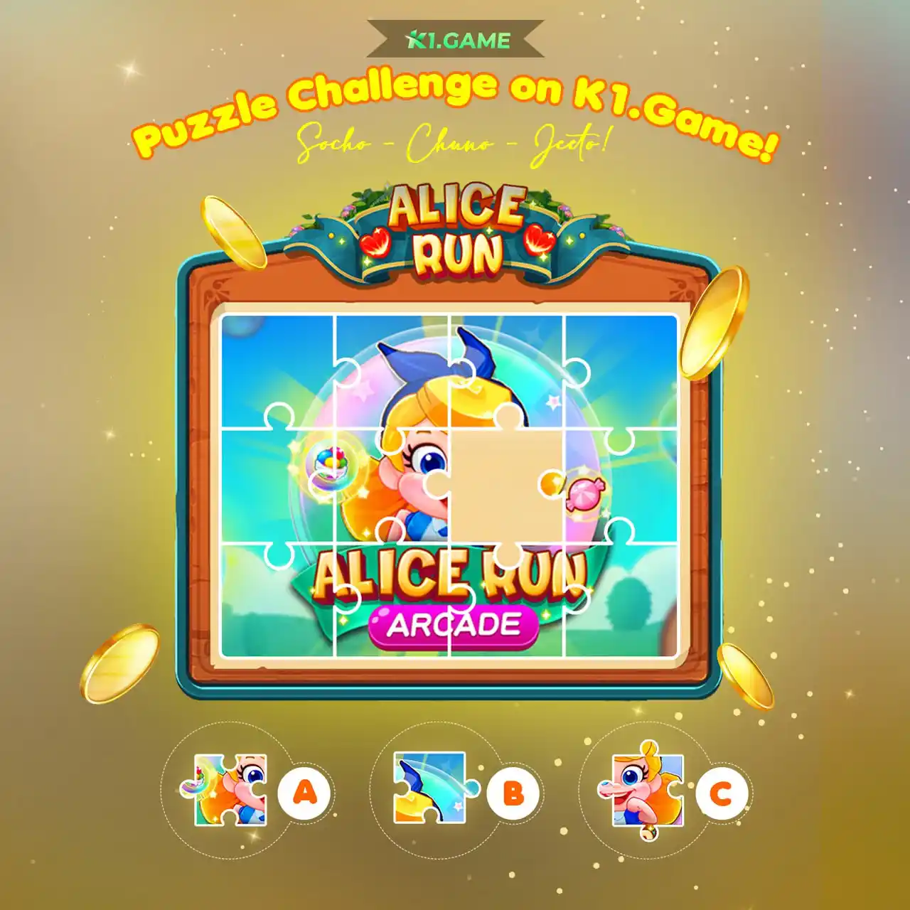 Image from K1.game Official : 🧩 *Help Alice Solve Her Puzzle!* Which puzzle piece is the right fit?...
