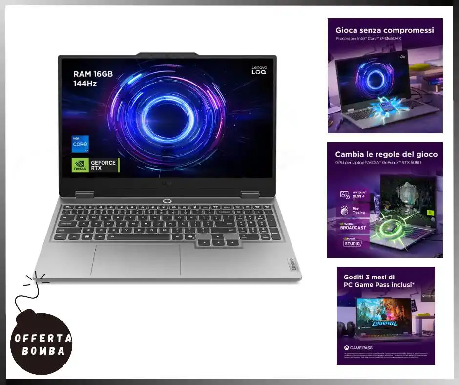 Image from Le Offerte di Joy: 🟢 *Lenovo LOQ Notebook Gaming 15.6" FHD (1920x1080) 144Hz, Intel Core...